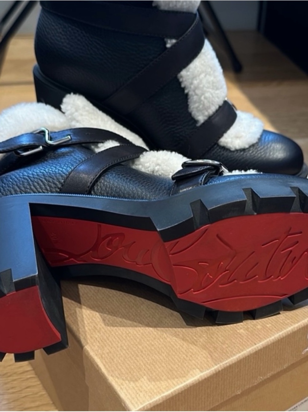 Christian Louboutin Black Leather Shearling-Trim Lug Sole Ankle Boots